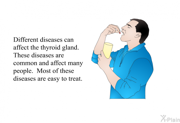 Different diseases can affect the thyroid gland. These diseases are common and affect many people. Most of these diseases are easy to treat.