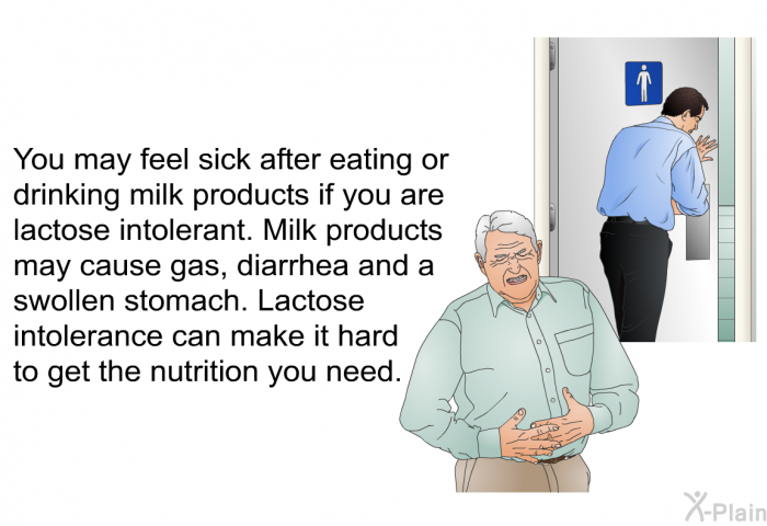 You may feel sick after eating or drinking milk products if you are lactose intolerant. Milk products may cause gas, diarrhea and a swollen stomach. Lactose intolerance can make it hard to get the nutrition you need.