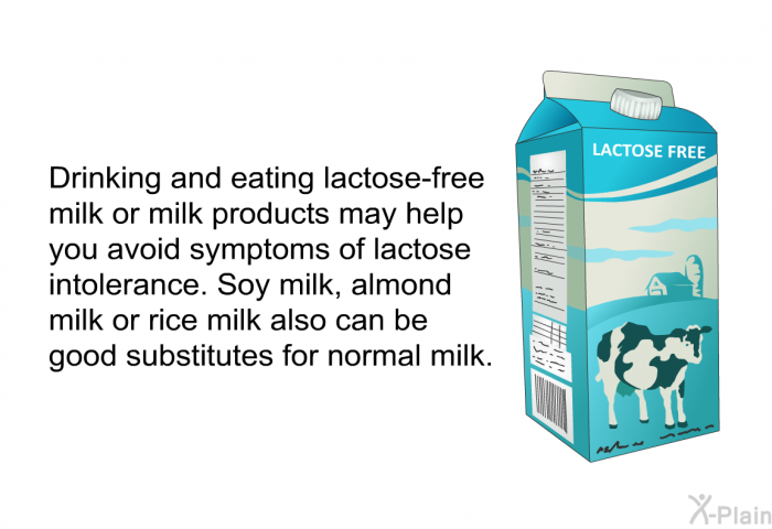 Drinking and eating lactose-free milk or milk products may help you avoid symptoms of lactose intolerance. Soy milk, almond milk or rice milk also can be good substitutes for normal milk.