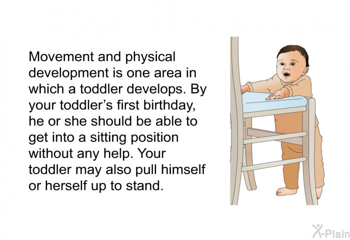 Movement and physical development is one area in which a toddler develops. By your toddler's first birthday, he or she should be able to get into a sitting position without any help. Your toddler may also pull himself or herself up to stand.