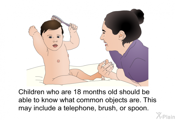 Children who are 18 months old should be able to know what common objects are. This may include a telephone, brush, or spoon.