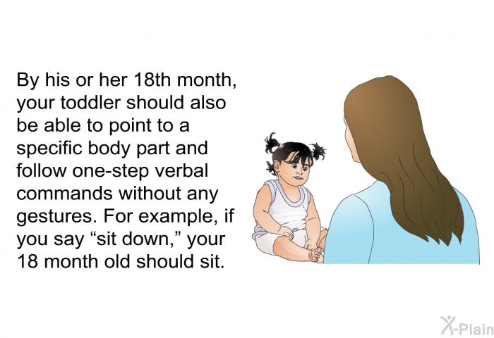 By his or her 18<SUP>th</SUP> month, your toddler should also be able to point to a specific body part and follow one-step verbal commands without any gestures. For example, if you say &ldquo;sit down,&rdquo; your 18 month old should sit.