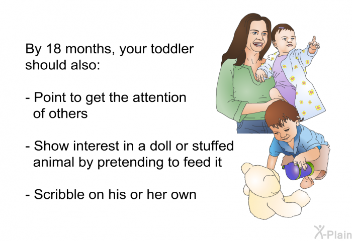 By 18 months, your toddler should also:  Point to get the attention of others Show interest in a doll or stuffed animal by pretending to feed it Scribble on his or her own