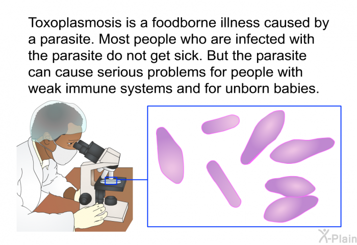 Toxoplasmosis is a foodborne illness caused by a parasite. Most people who are infected with the parasite do not get sick. But the parasite can cause serious problems for people with weak immune systems and for unborn babies.