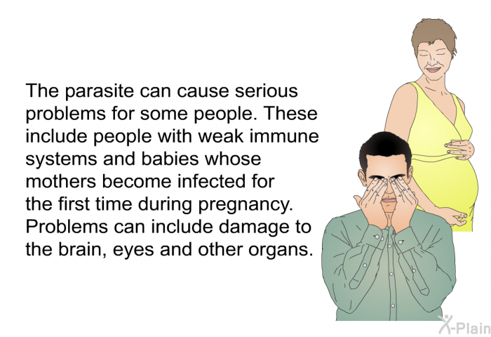 The parasite can cause serious problems for some people. These include people with weak immune systems and babies whose mothers become infected for the first time during pregnancy. Problems can include damage to the brain, eyes and other organs.