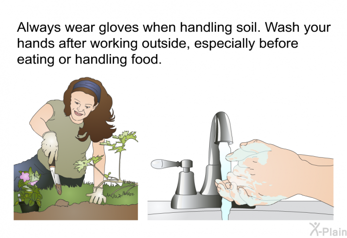 Always wear gloves when handling soil. Wash your hands after working outside, especially before eating or handling food.