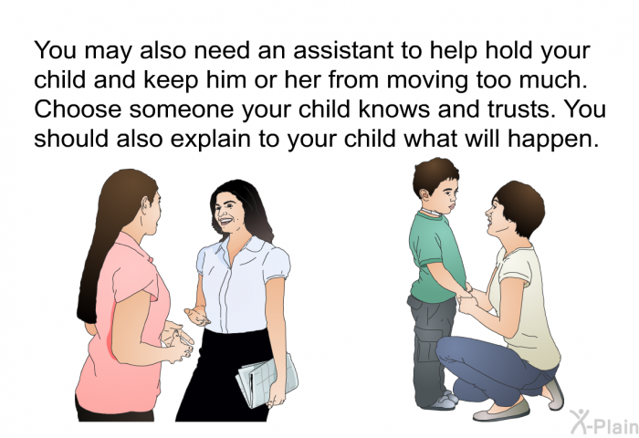 You may also need an assistant to help hold your child and keep him or her from moving too much. Choose someone your child knows and trusts. You should also explain to your child what will happen.