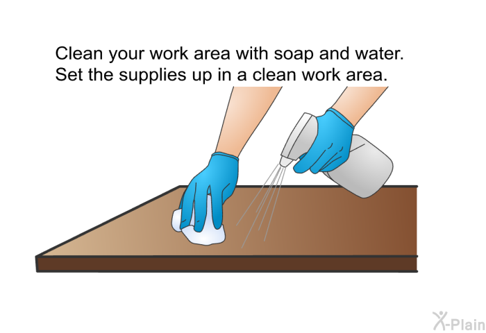 Clean your work area with soap and water. Set the supplies up in a clean work area.