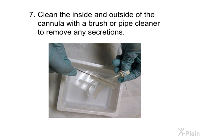Clean the inside and outside of the cannula with a brush or pipe cleaner to remove any secretions.