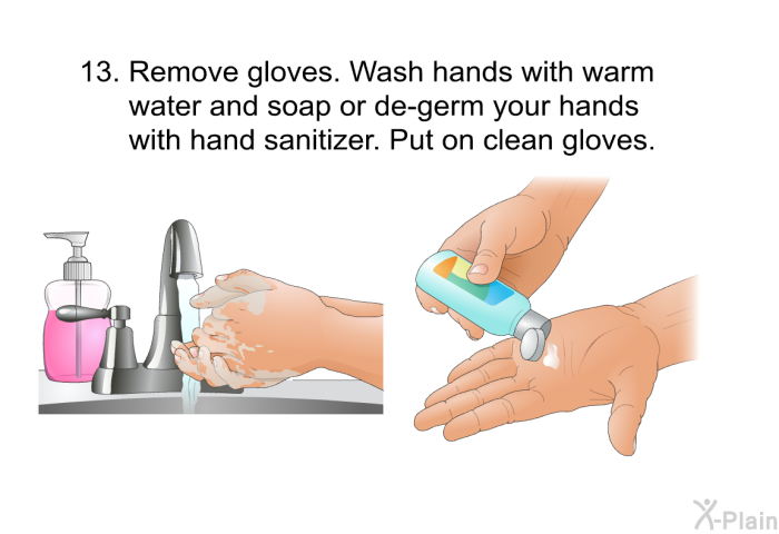 <OL START=13> Remove gloves. Wash hands with warm water and soap or de-germ your hands with hand sanitizer. Put on clean gloves.