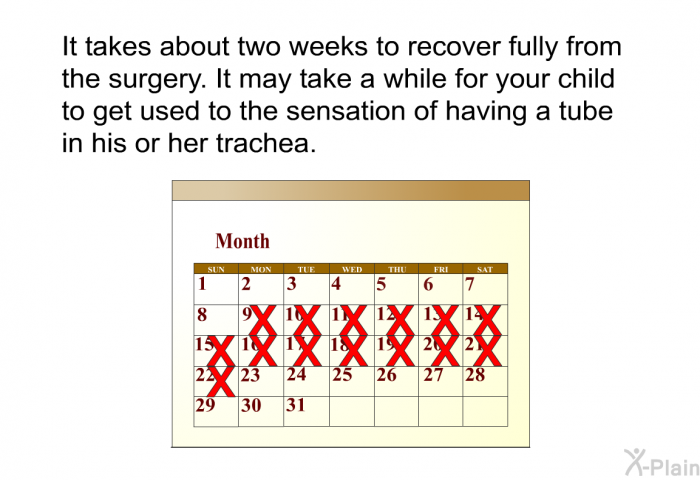 It takes about two weeks to recover fully from the surgery. It may take a while for your child to get used to the sensation of having a tube in his or her trachea.