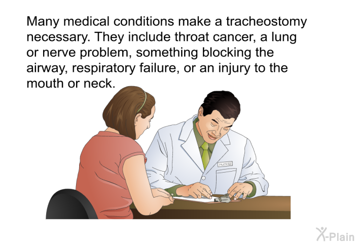 Many medical conditions make a tracheostomy necessary. They include throat cancer, a lung or nerve problem, something blocking the airway, respiratory failure, or an injury to the mouth or neck.