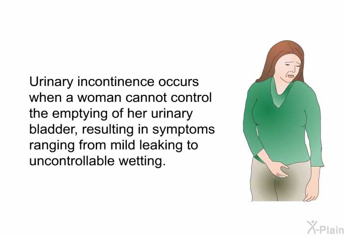 Urinary incontinence occurs when a woman cannot control the emptying of her urinary bladder, resulting in symptoms ranging from mild leaking to uncontrollable wetting.