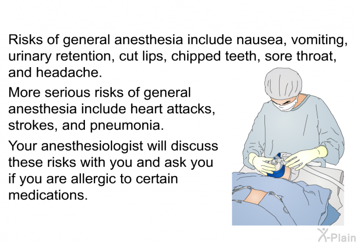 Risks of general anesthesia include nausea, vomiting, urinary retention, cut lips, chipped teeth, sore throat, and headache. More serious risks of general anesthesia include heart attacks, strokes, and pneumonia. Your anesthesiologist will discuss these risks with you and ask you if you are allergic to certain medications.