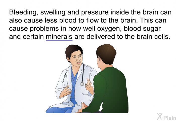 Bleeding, swelling and pressure inside the brain can also cause less blood to flow to the brain. This can cause problems in how well oxygen, blood sugar and certain minerals are delivered to the brain cells.