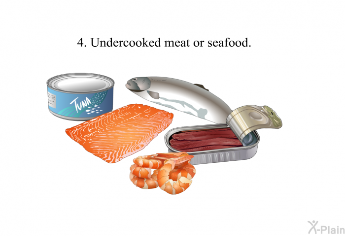Undercooked meat or seafood.