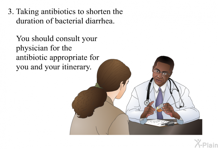 Taking antibiotics to shorten the duration of bacterial diarrhea. You should consult your physician for the antibiotic appropriate for you and your itinerary.