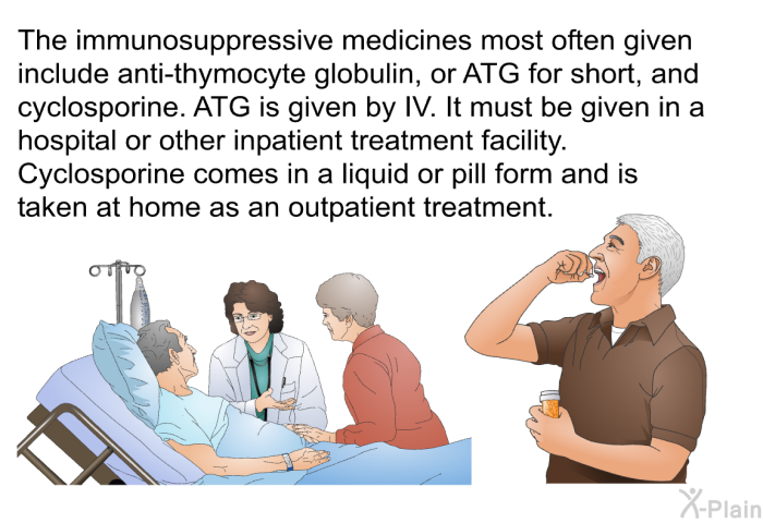 The immunosuppressive medicines most often given include antithymocyte globulin, or ATG for short, and cyclosporine. ATG is given by IV, typically for 8 to 12 hours a day, for 4 days. It must be given in a hospital or other inpatient treatment facility. Cyclosporine comes in a liquid or pill form and is taken at home as an outpatient.