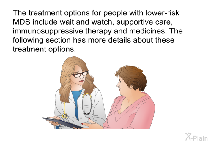 The treatment options for people with lower-risk MDS include wait and watch, supportive care, immunosuppressive therapy and medicines. The following section has more details about these treatment options.