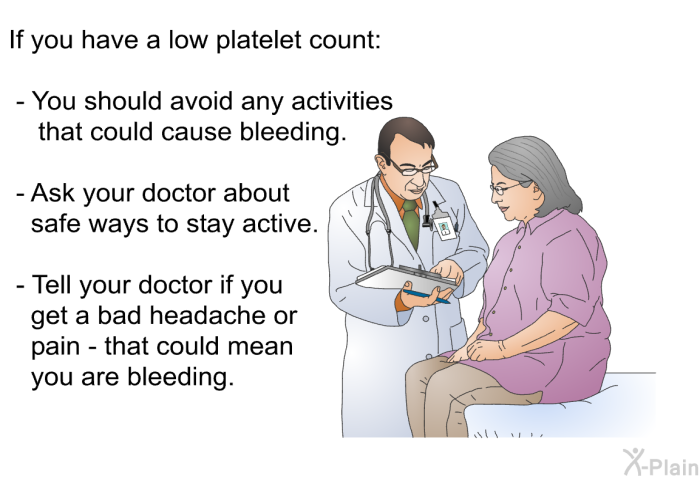 If you have a low platelet count:  You should avoid any activities that could cause bleeding. Ask your doctor about safe ways to stay active. Tell your doctor if you get a bad headache or pain - that could mean you are bleeding.
