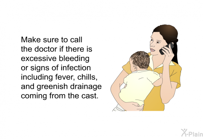 Make sure to call the doctor if there is excessive bleeding or signs of infection including fever, chills, and greenish drainage coming from the cast.