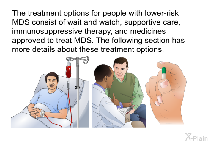 The treatment options for people with lower-risk MDS consist of wait and watch, supportive care, immunosuppressive therapy, and medicines approved to treat MDS. The following section has more details about these treatment options.