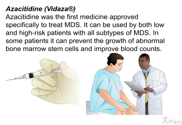 <I><B>Azacitidine (Vidaza ):</B></I> Azacitidine was the first medicine approved specifically to treat MDS. It can be used by both low- and high-risk patients with all subtypes of MDS. In some patients it can prevent the growth of abnormal bone marrow stem cells and improve blood counts.