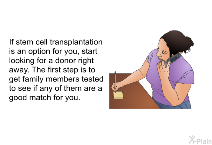 If stem cell transplantation is an option for you, start looking for a donor right away. The first step is to get family members tested to see if any of them are a good match for you.