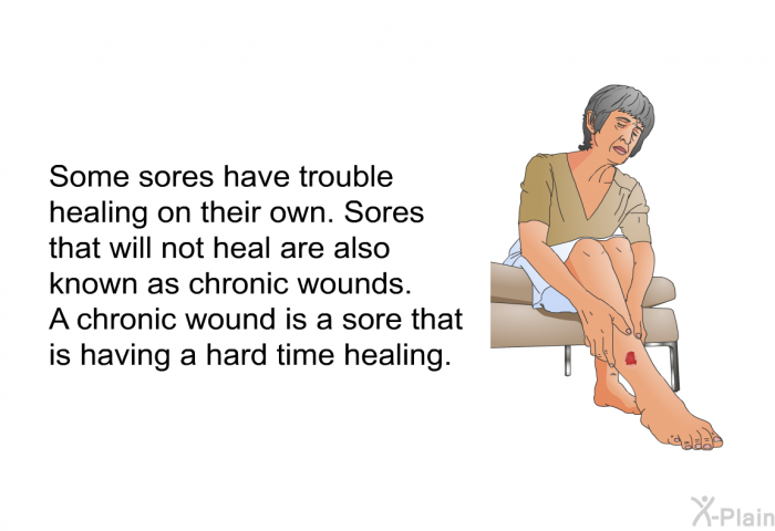 Some sores have trouble healing on their own. Sores that will not heal are also known as chronic wounds. A chronic wound is a sore that is having a hard time healing.