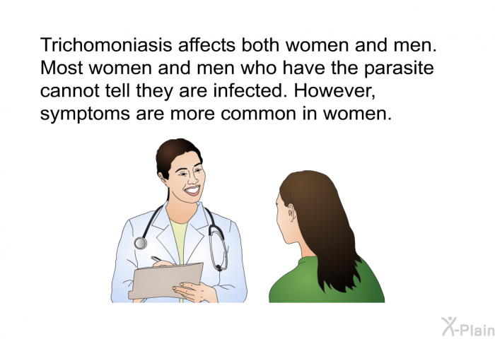 Trichomoniasis affects both women and men. Most women and men who have the parasite cannot tell they are infected. However, symptoms are more common in women.