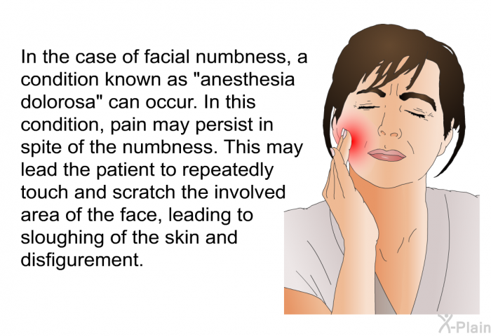 In the case of facial numbness, a condition known as “anesthesia dolorosa” can occur. In this condition, pain may persist in spite of the numbness. This may lead the patient to repeatedly touch and scratch the involved area of the face, leading to sloughing of the skin and disfigurement.
