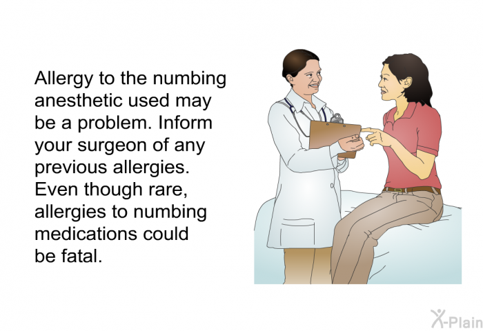 Allergy to the numbing anesthetic used may be a problem. Inform your surgeon of any previous allergies. Even though rare, allergies to numbing medications could be fatal.