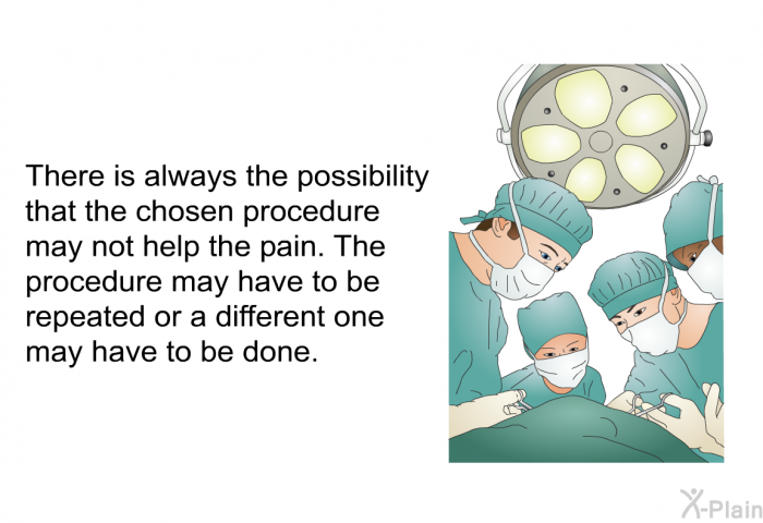 There is always the possibility that the chosen procedure may not help the pain. The procedure may have to be repeated or a different one may have to be done.
