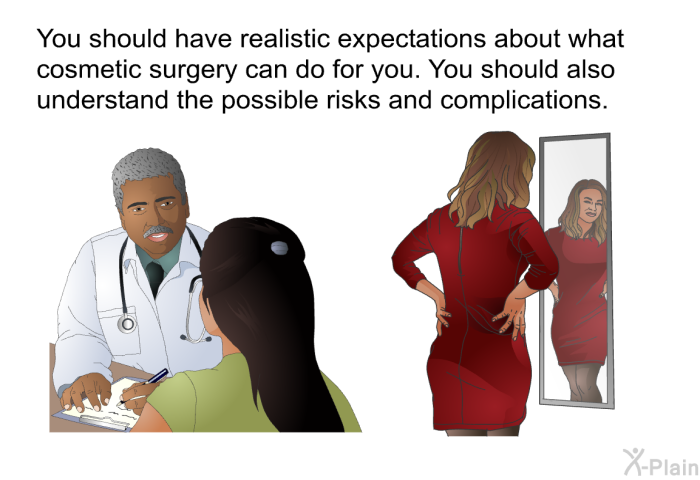 You should have realistic expectations about what cosmetic surgery can do for you. You should also understand the possible risks and complications.