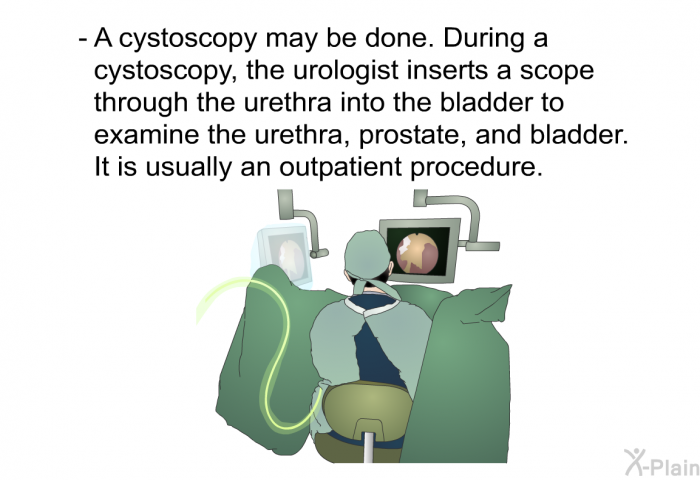 A cystoscopy may be done. During a cystoscopy, the urologist inserts a scope through the urethra into the bladder to examine the urethra, prostate, and bladder. It is usually an outpatient procedure.