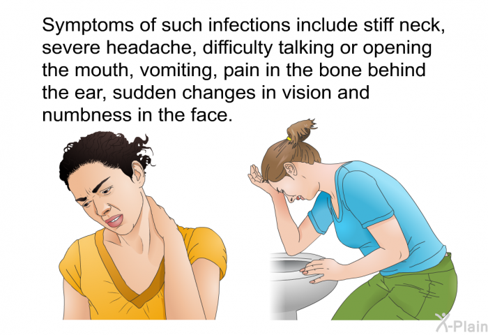 Symptoms of such infections include stiff neck, severe headache, difficulty talking or opening the mouth, vomiting, pain in the bone behind the ear, sudden changes in vision and numbness in the face.