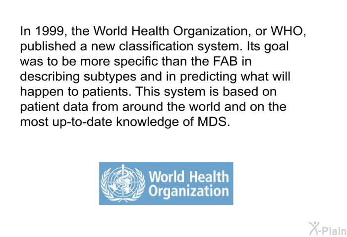 In 1999, the World Health Organization, or WHO, published a new classification system. Its goal was to be more specific than the FAB in describing subtypes and in predicting what will happen to patients. This system is based on patient data from around the world and on the most up-to-date knowledge of MDS.