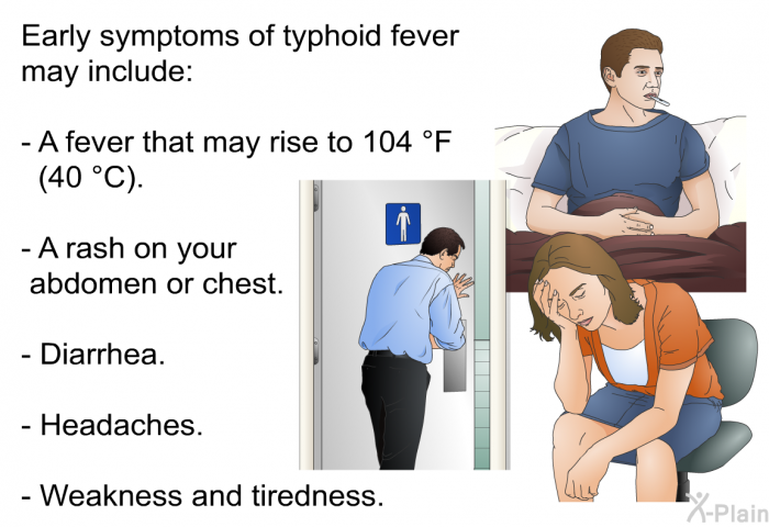Early symptoms of typhoid fever may include:  A fever that may rise to 104 °F (40 °C). A rash on your abdomen or chest. Diarrhea. Headaches. Weakness and tiredness.