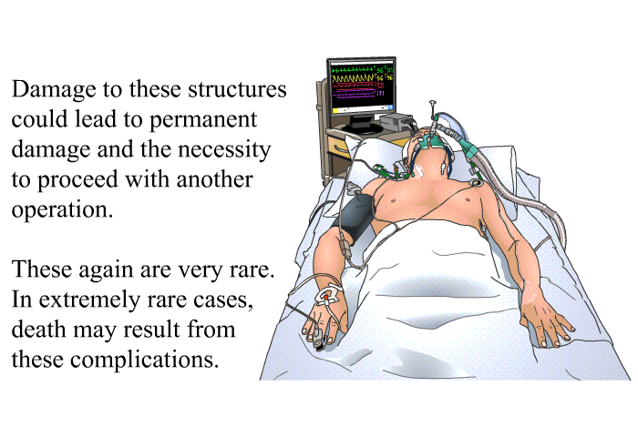 Damage to these structures could lead to permanent damage and the necessity to proceed with another operation. These again are very rare. In extremely rare cases, death may result from these complications.