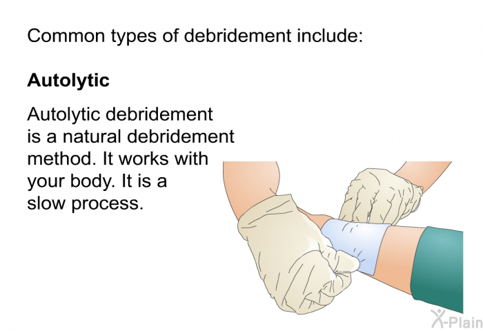 Common types of debridement include: 
<B>Autolytic</B> 
Autolytic debridement is a natural debridement method. It works with your body. It is a slow process.
