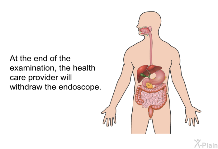 At the end of the examination, the health care provider will withdraw the endoscope.