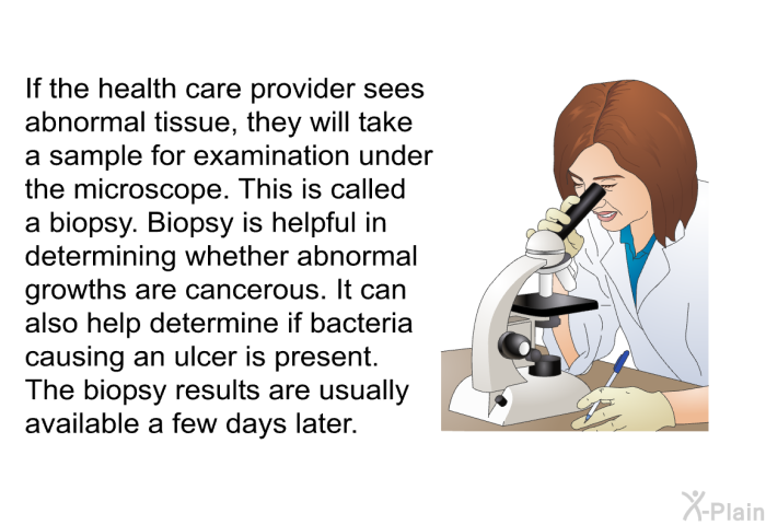 If the health care provider sees abnormal tissue, they will take a sample for examination under the microscope. This is called a biopsy. Biopsy is helpful in determining whether abnormal growths are cancerous. It can also help determine if bacteria causing an ulcer is present. The biopsy results are usually available a few days later.