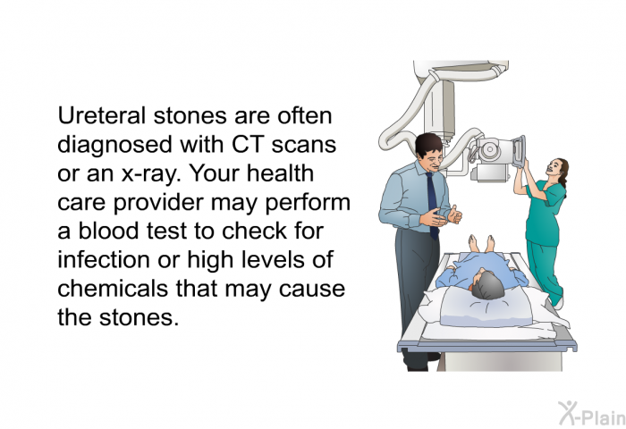 Ureteral stones are often diagnosed with CT scans or an x-ray. Your health care provider may perform a blood test to check for infection or high levels of chemicals that may cause the stones.