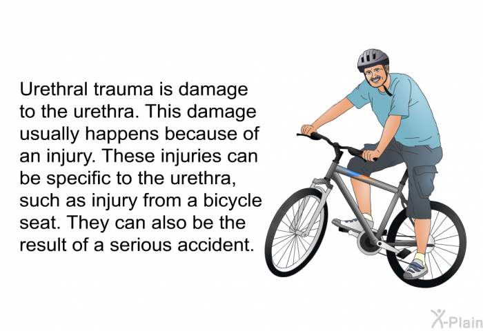 Urethral trauma is damage to the urethra. This damage usually happens because of an injury. These injuries can be specific to the urethra, such as injury from a bicycle seat. They can also be the result of a serious accident.