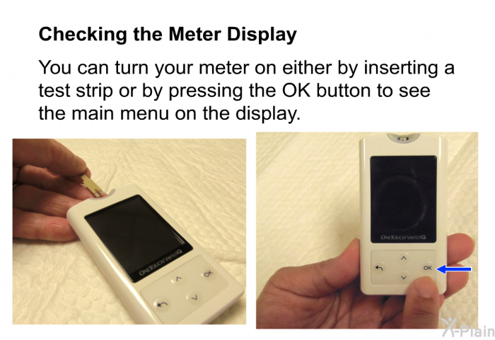 <B>Checking the Meter Display</B> 
You can turn your meter on either by inserting a test strip or by pressing the OK button to see the main menu on the display.