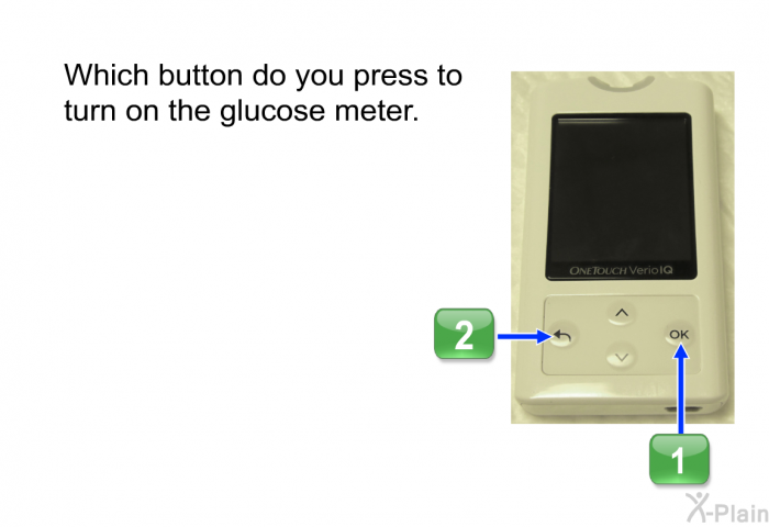 Which button do you press to turn on the glucose meter.