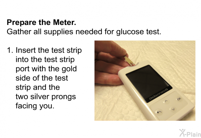 <B>Prepare the Meter.</B> 
Gather all supplies needed for glucose test.   Insert the test strip into the test strip port with the gold side of the test strip and the two silver prongs facingyou.