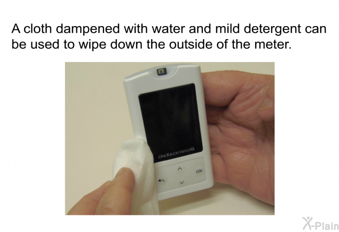 A cloth dampened with water and mild detergent can be used to wipe down the outside of the meter.