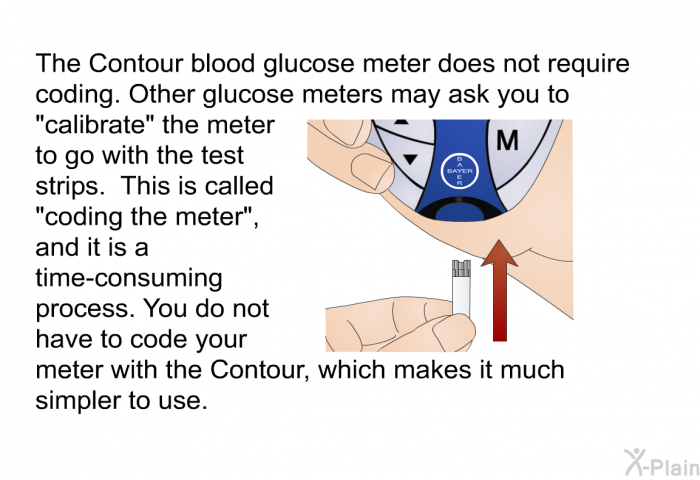 The Contour blood glucose meter does not require coding. Other glucose meters may ask you to "calibrate" the meter to go with the test strips. This is called "coding the meter", and it is a time-consuming process. You do not have to code your meter with the Contour, which makes it much simpler to use.