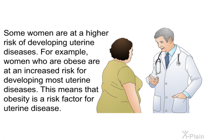 Some women are at a higher risk of developing uterine diseases. For example, women who are obese are at an increased risk for developing most uterine diseases. This means that obesity is a risk factor for uterine disease.